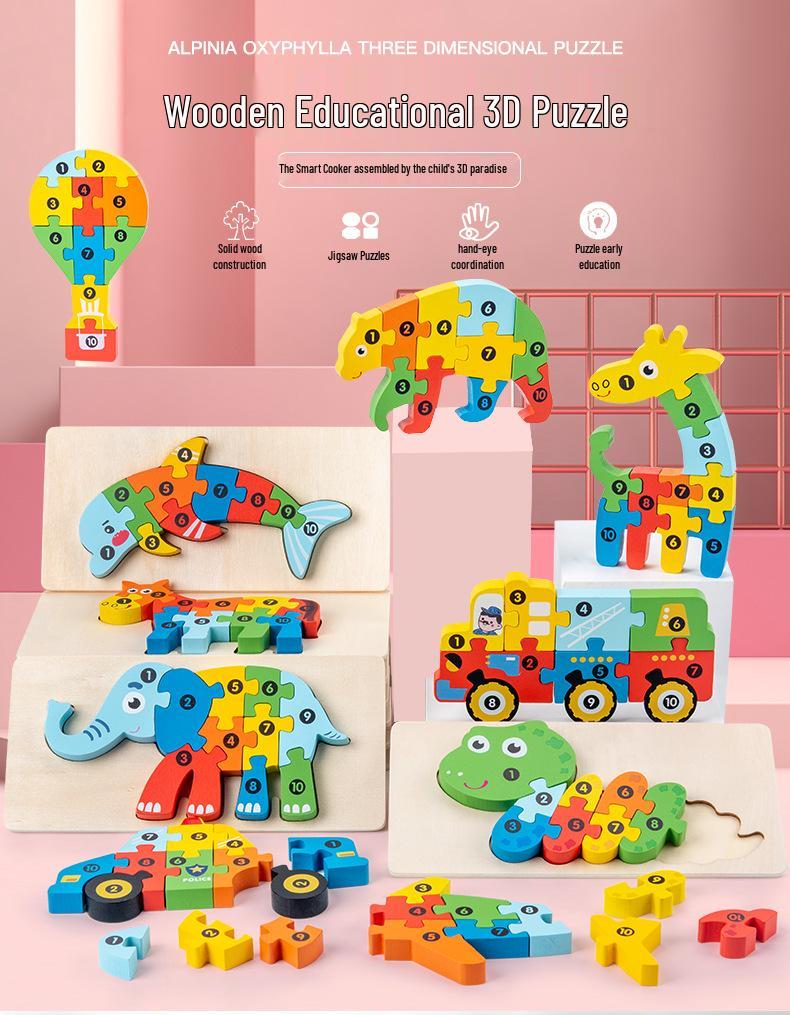 3D Animal Number Puzzle – Wooden Educational Toy Set for Early Childhood