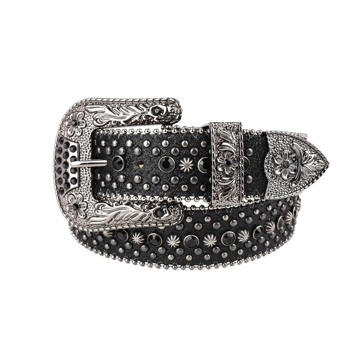 

Темный гравированный ремень с инкрустацией стразами, декоративный пояс с пайетками в стиле панк-хип-хоп с заклепками для женщин S size (length 103cm, width 3.8cm)
