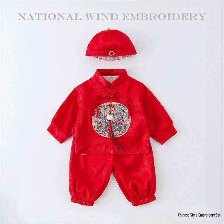 Chinese Style Baby Romper Set: Autumn/Spring Outing Outfit for Boys - Perfect for First Birthday, Full Moon, or Hundred Days Celebration.