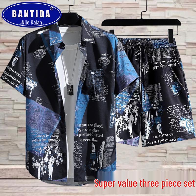 Men's Loose Fit Three-Piece Casual Sports Set with Floral Shirt, Beach Shorts, and Couple Class Uniform Trend