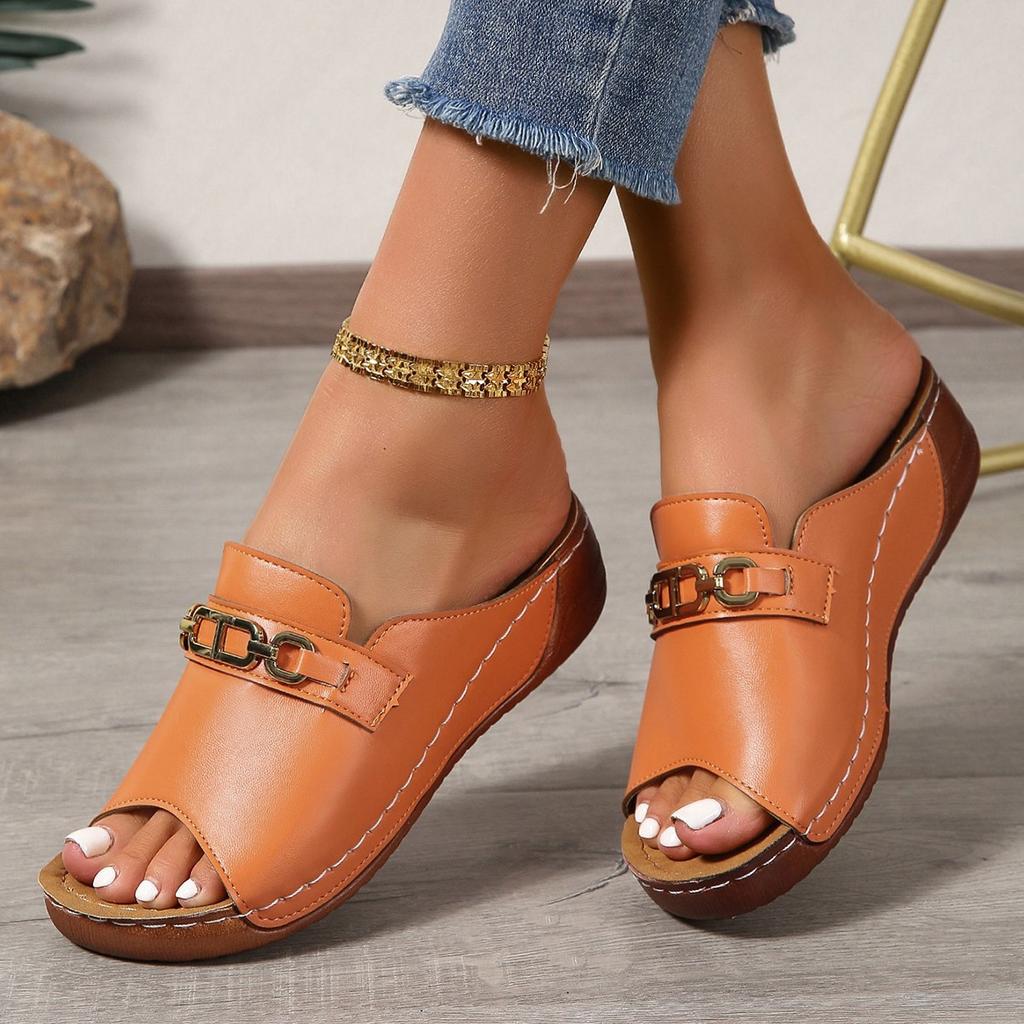 Wedge Heel Platform Slippers Women's New Large Size Casual Fashion Simple Metal Buckle Fish Mouth Sandals