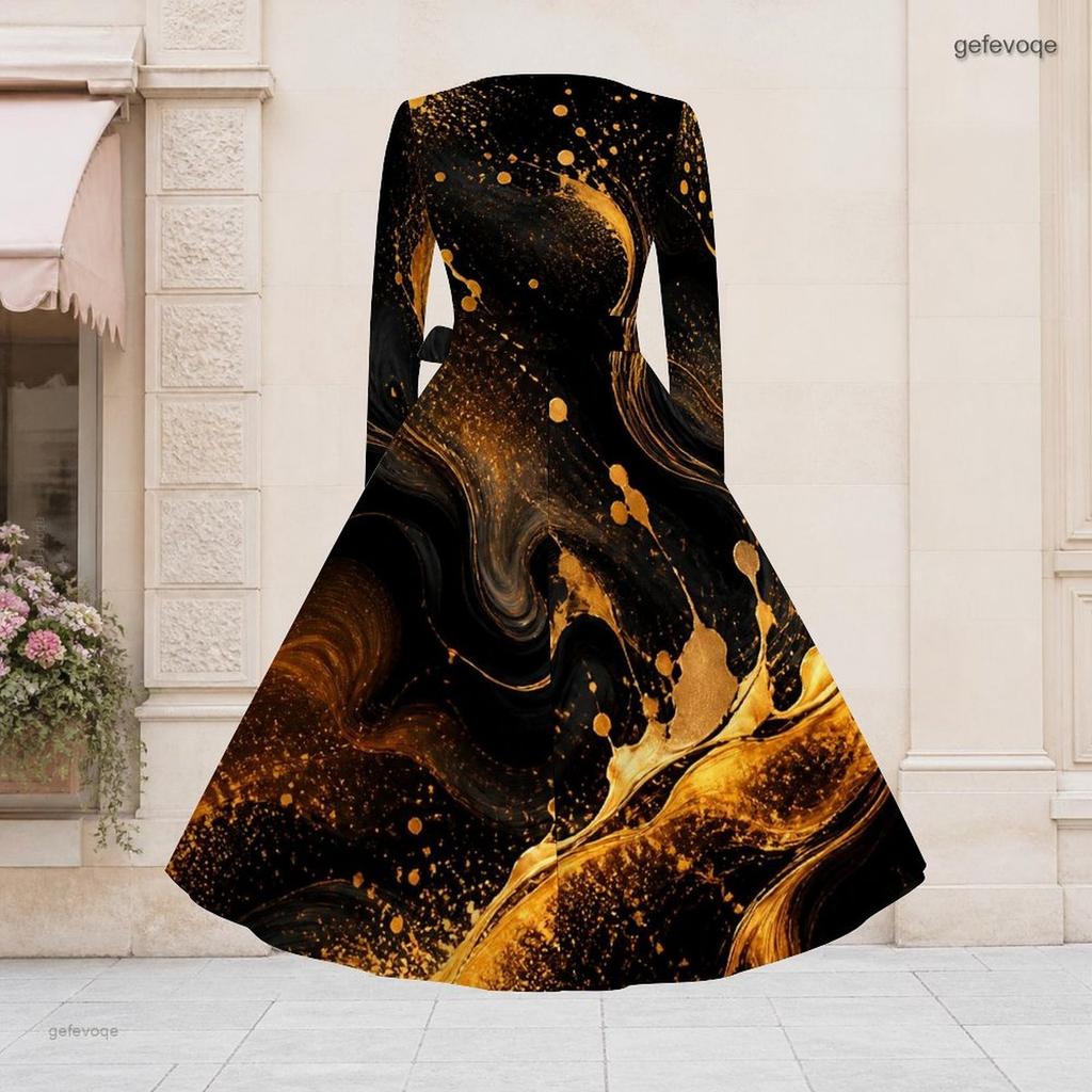 Women Plus Size V Neck Long Sleeve Rainbow Tie Dye Printed A Line Dress With Belt