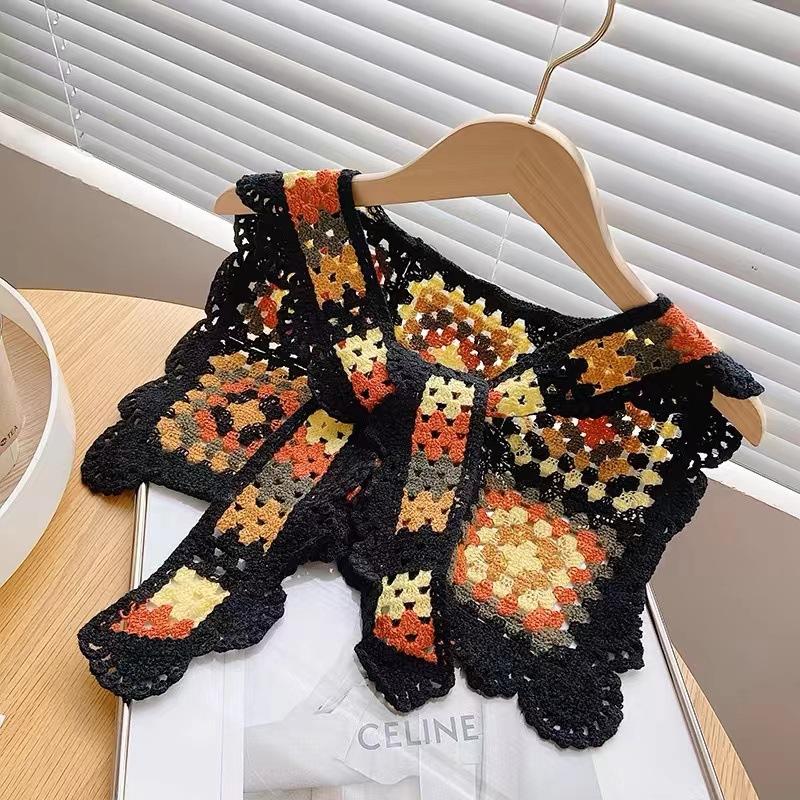 

Этническая шаль с ажурным крючком, воротник-стойка, рубашка-чеонгсам с универсальным шарфом, небольшой жилет с открытыми плечами чёрный