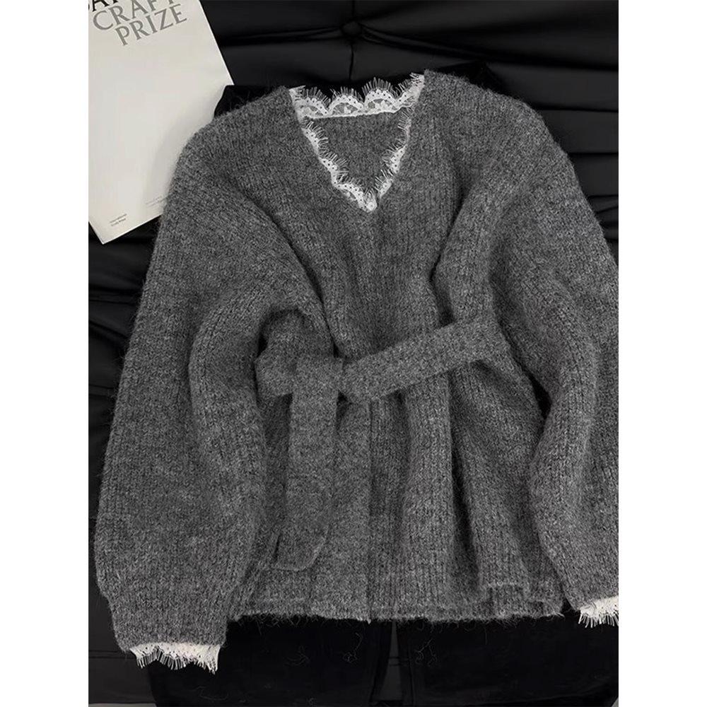 Women's Grey French Lace Patchwork Pullover: Stylish Two-Piece Look, Soft Collar, Perfect for Autumn/Winter