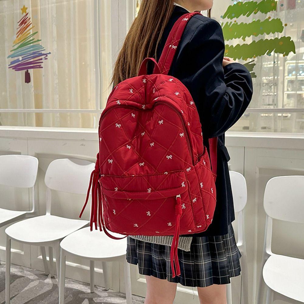 Embroidery Embroidered Bow Backpack Preppy Style Students School Bag Nylon Backpack Outdoor