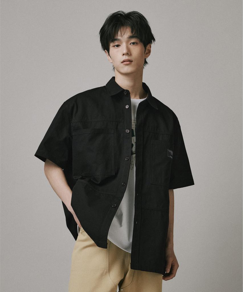 Beodeonteu Oversized Canvas Cutout Work Shirt [Black]