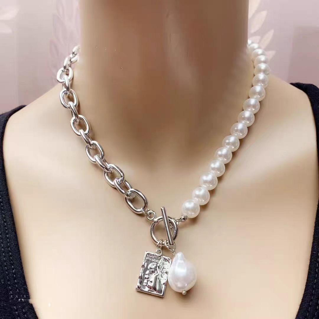 Hot-selling simple and versatile metal chain splicing imitation baroque pearl metal pendant necklace women