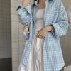 Women's Blue Checkered Long Sleeve Shirt Lapel Collar Casual Blouse Stylish Loose Button Down Shirts Fashion Office Wearing