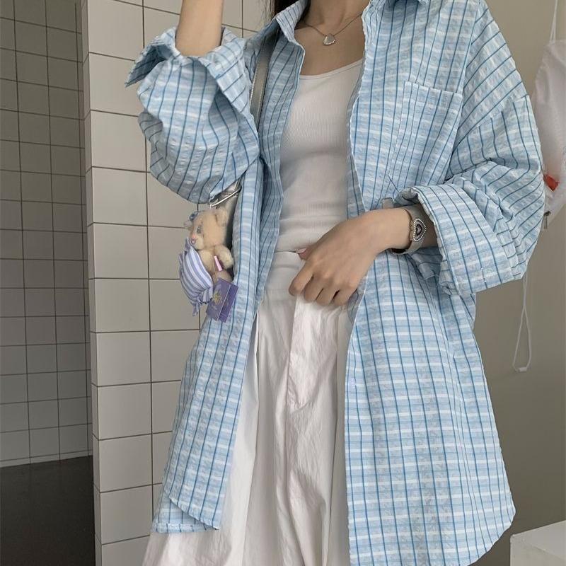 Women's Blue Checkered Long Sleeve Shirt Lapel Collar Casual Blouse Stylish Loose Button Down Shirts Fashion Office Wearing