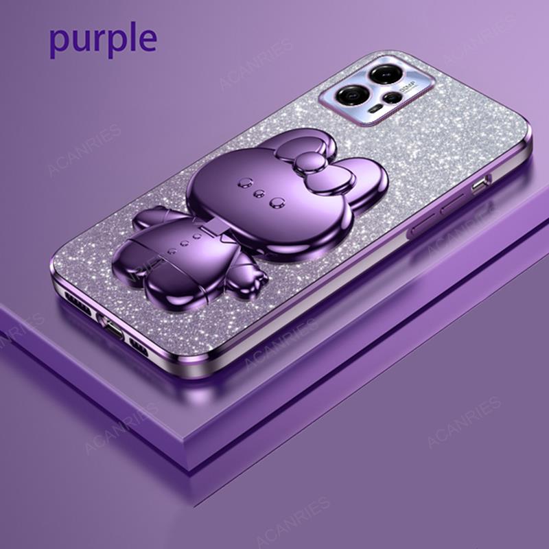 Cute 3D Rabbit Makeup Mirror Stand Plating Case For Motorola Moto G13 G23 G53 G72 G73 E13 E20 E22 E32 E6s E7 Plus Protect Cover