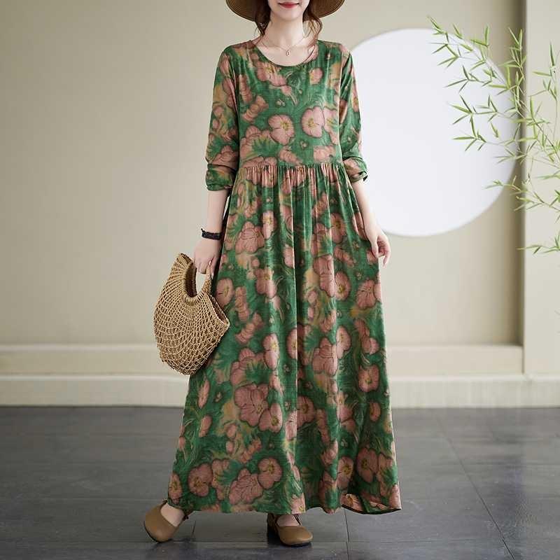 Travel Round Neck Vintage Long Skirt Flesh Covering Dresses