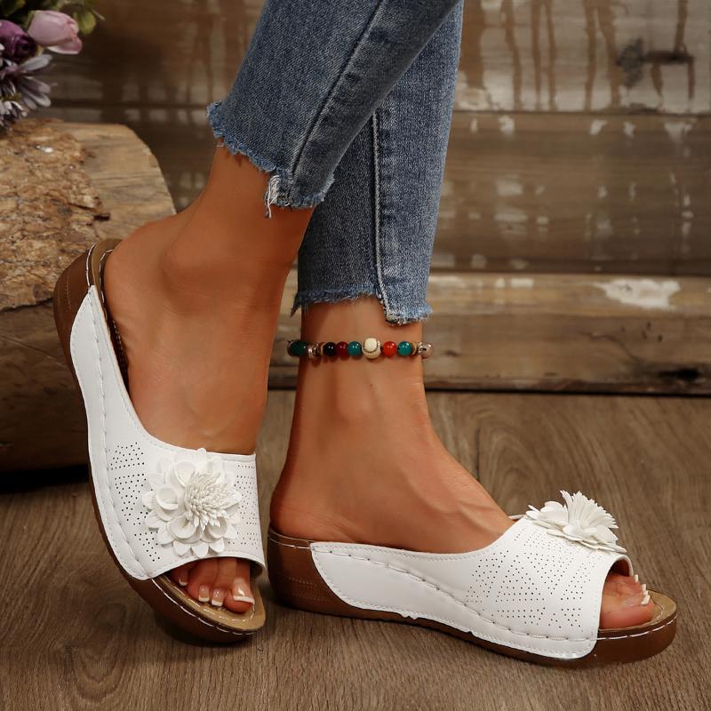 Summer Sandals  comfortable Non-slip Wedge Sandals for Women all Day Walking PU Leather Solid Color Open-Toe Slides Flat Beach Sandals