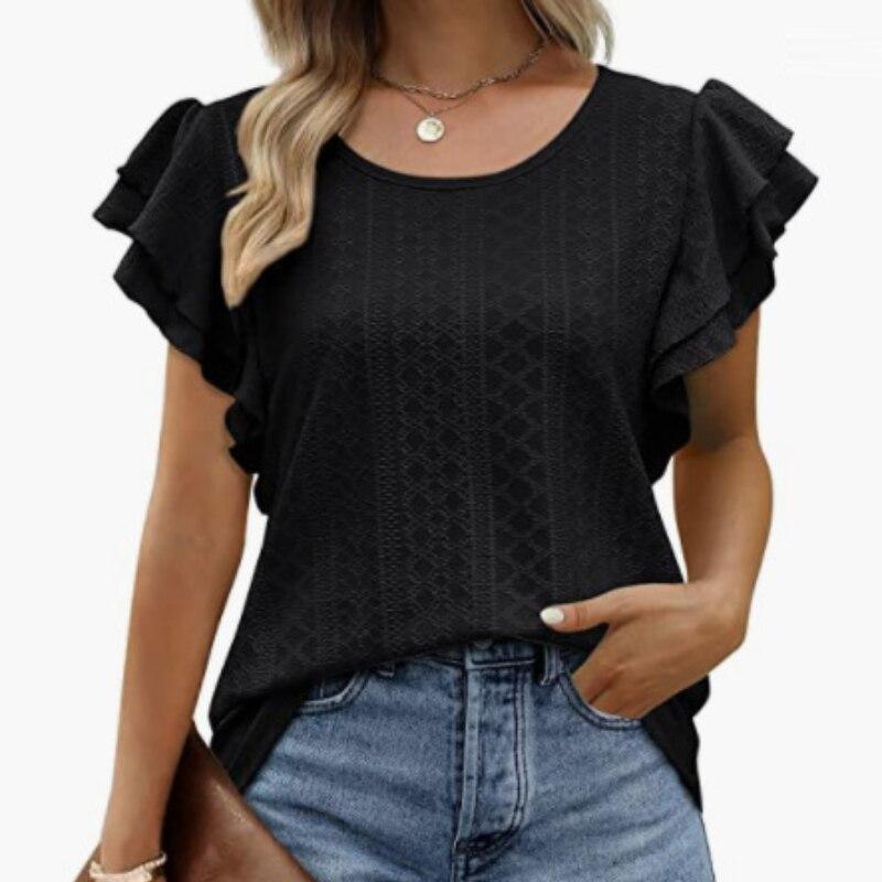 Summer Double Layers Ruffles Sleeve Blouse 2023 Sweet Women Short Sleeve Fashion Hollow Out Tops Shirt Casual Clothes 24715