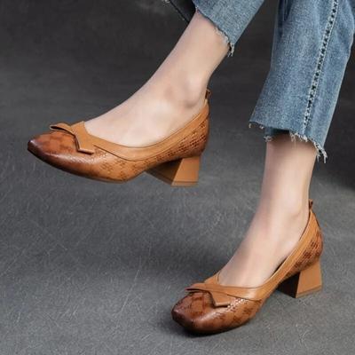 Všestranné módne lodičky na hrubom podpätku Retro pravá koža Dámske topánky na podpätku so štvorcovou špičkou