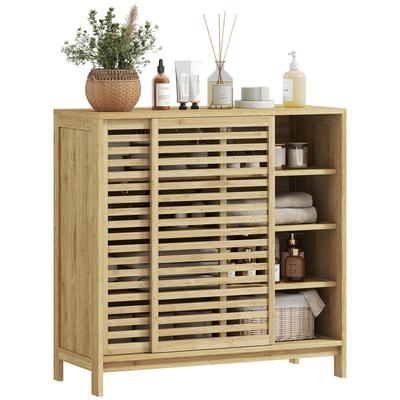 Bambusová koupelnová skříňka se 2 posuvnými dveřmi, lamelový design, 4 police, koupelnový pomocný nábytek, 80x34x80 cm, přírodní