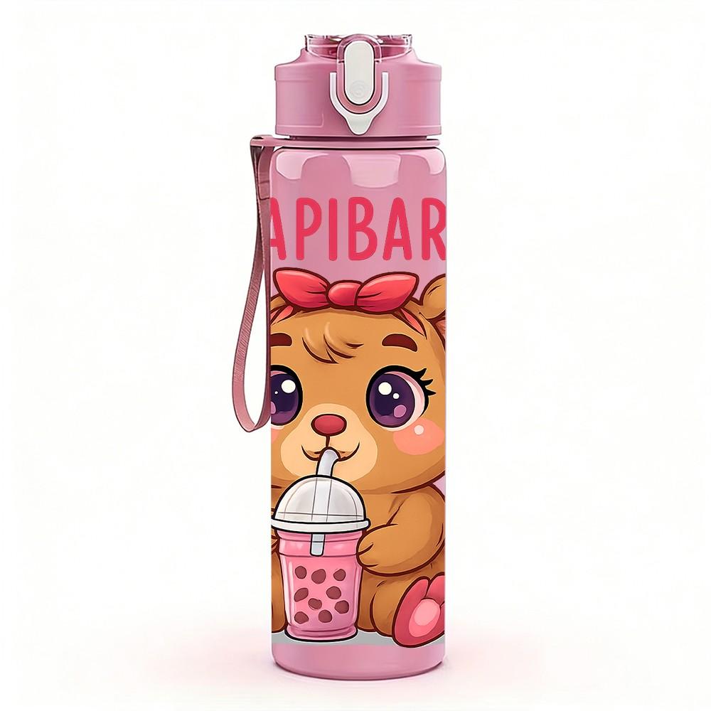 1PC Cute Capybara Drink Coffee Pattern 750ml Color Plastic Sports Water Bottle Leakproof Flip Straw Lid Suitable for Sports Office Home Use