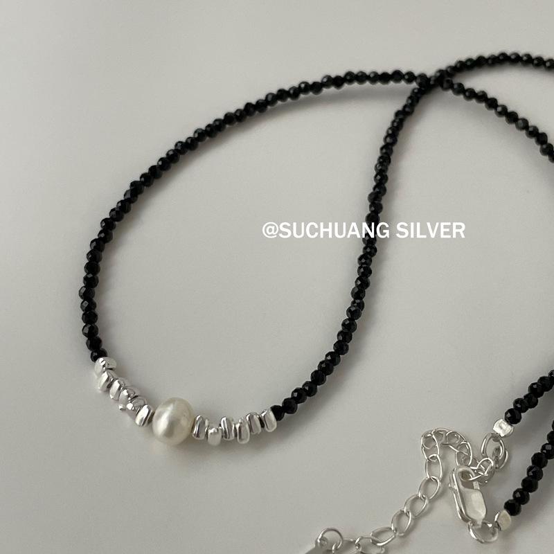 Su Chuang S925 Sterling Silver & Pearl Beaded Necklace with Black Spinel - Women's Light Luxury Clavicle Chain