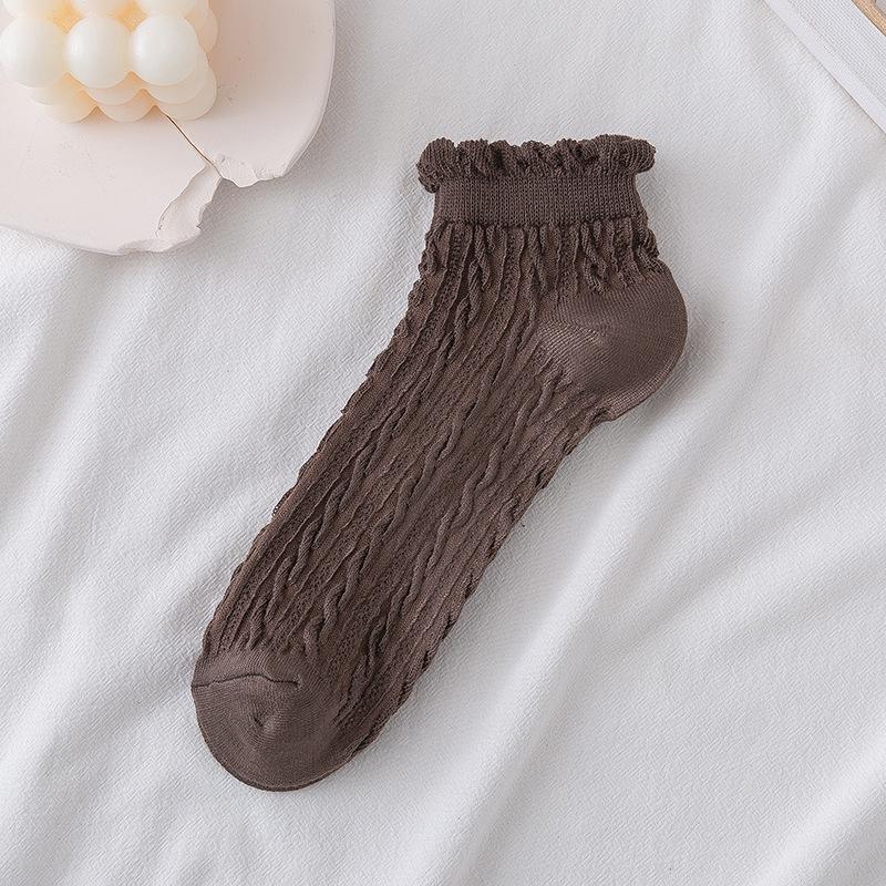 Women's Ruffle Edge Cable Knit Cotton Socks - Spring/Summer Japanese Style Short Boat Socks, Lace, Solid Colors.