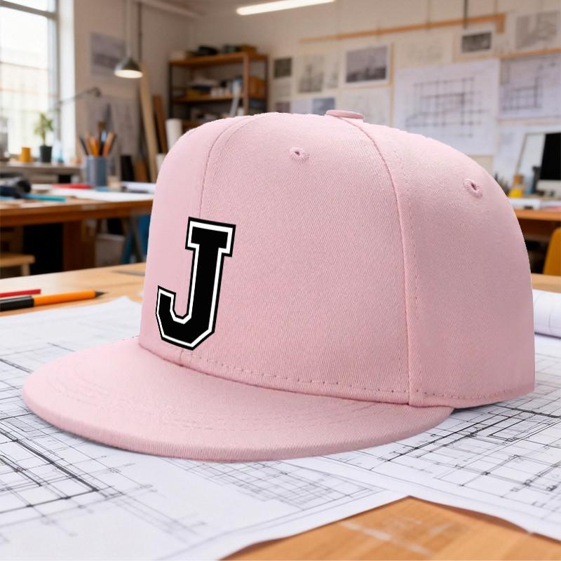 Letter J Uppercase Black Baseball Cap Polyester Flat Brim Snapback Casual Fashion Accessory Unisex One Size