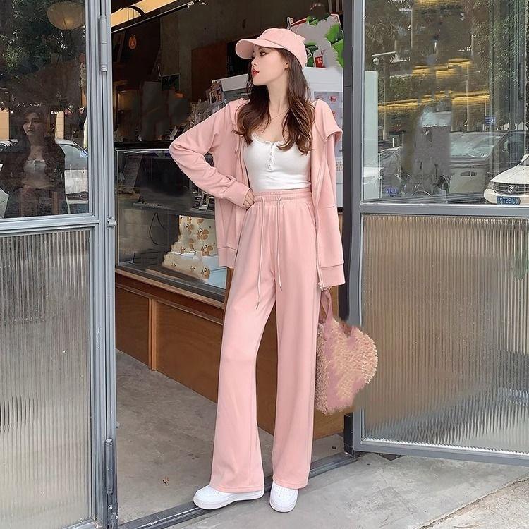 

Осень и Зима Большой Размер Ленивый Стиль Спортивный Костюм Женский Свободный Свитер Высокая Талия Широкие Брюки Стройнящий Костюм-двойка XL розовый