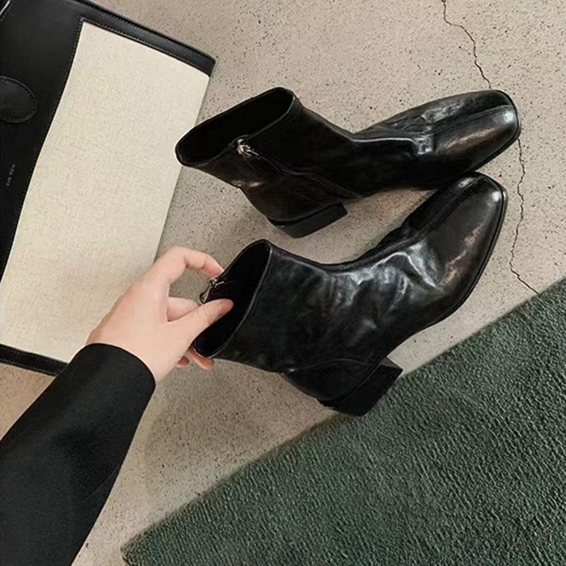 

Яншун корейские квадратный носок вымытая лошадиная кожа тонкие ботинки короткие ботинки толстый каблук толстая подошва маленькие ботильоны детские универсальные 40