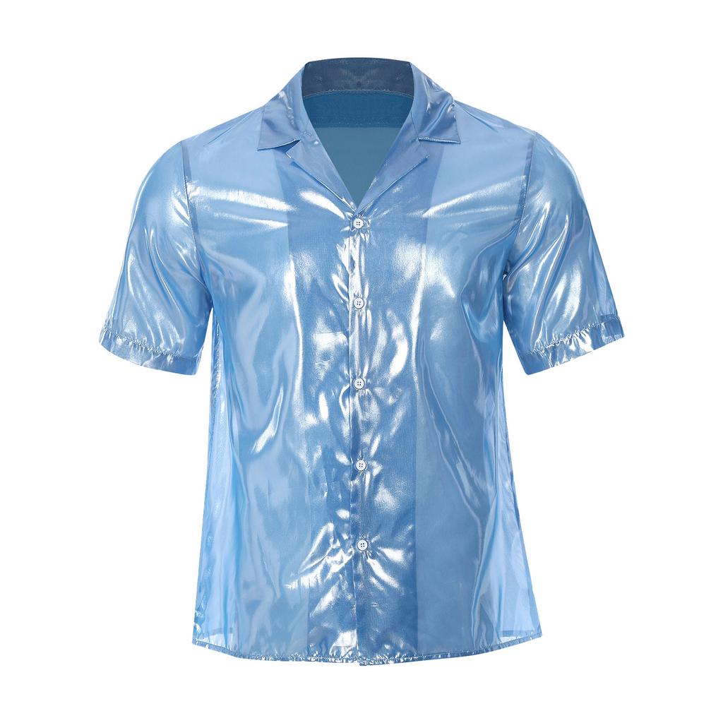 Mens See Through Shirt Turn Down Collar Short Sleeve Water Ripple Shine Beachwear Clubwear Top