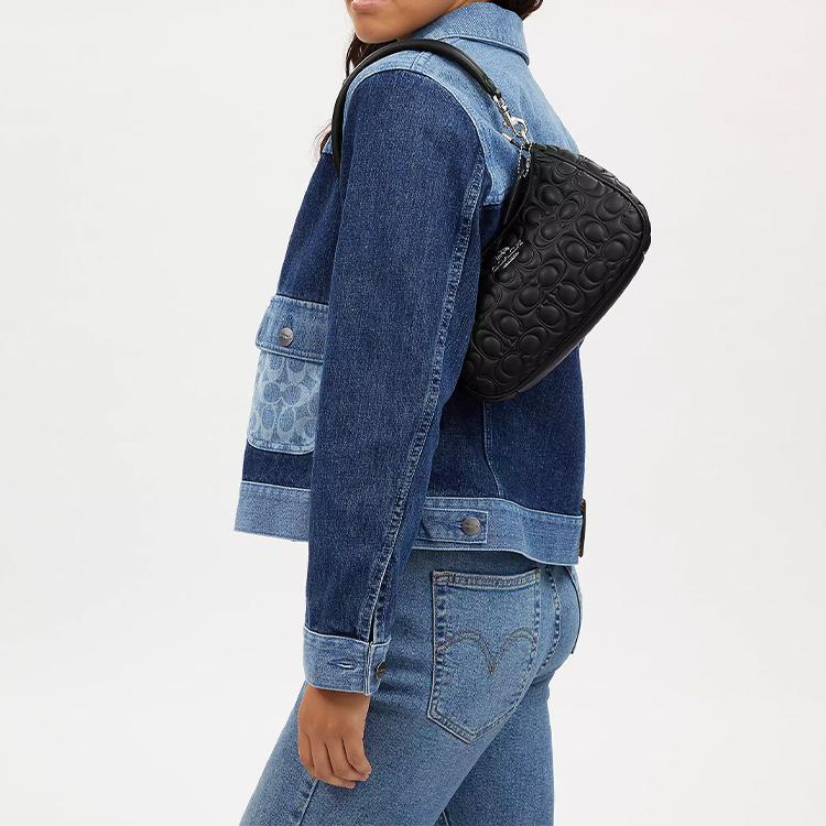 Coach Teri 24 Prägung Buchstabe Klassische Monogramm-Beschläge Schnalle Kartenfach Reißverschluss Leder Tote Umhängetasche Mittelgroß Damen Taschen Schwarz CM054-SVDTV
