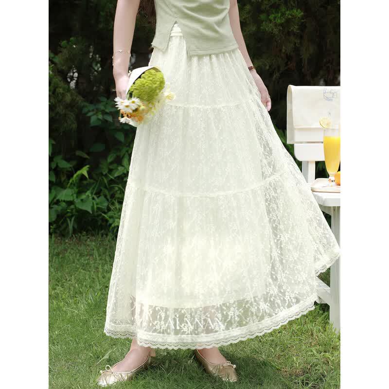French Style Lace A-Line Midi Skirt S