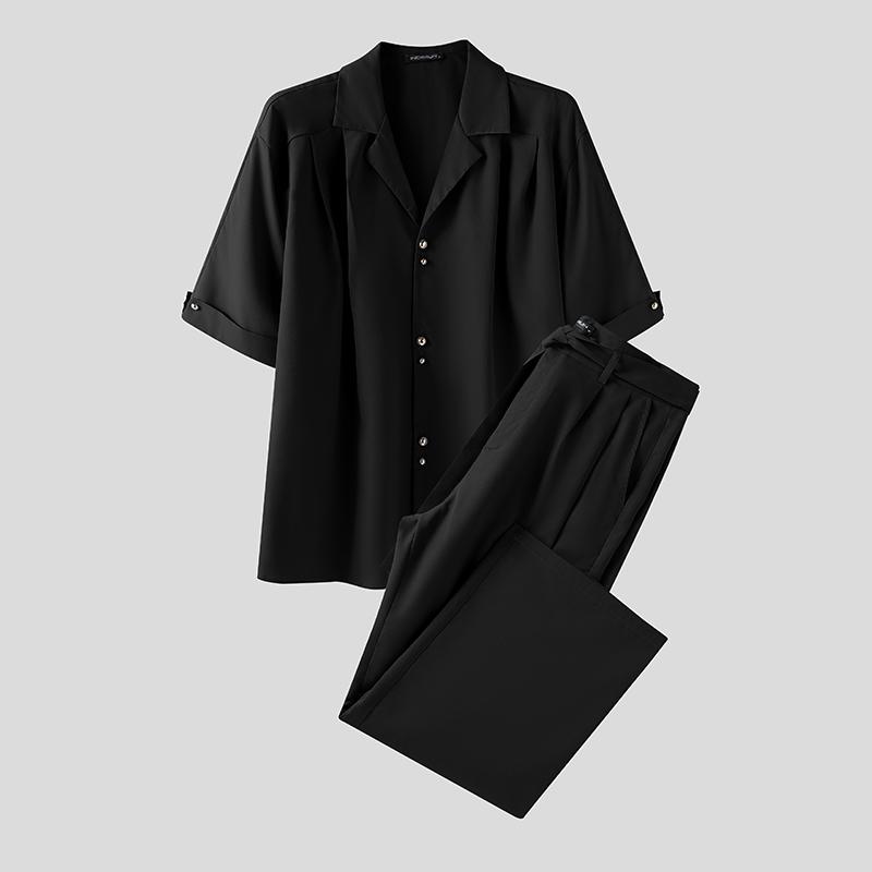 INCERUN Two Pieces Outfits Men Lapel Neck Short Sleeve Striped Shirt Long Suit Pants Sets