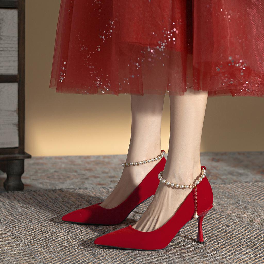 Xiuhe Wedding Shoes Chinese Red Bridal Shoes Are Not Tired, Pointed Toes, Thin Heels, High Heels, Women's Spring and Summer Pearl Chain Shoes