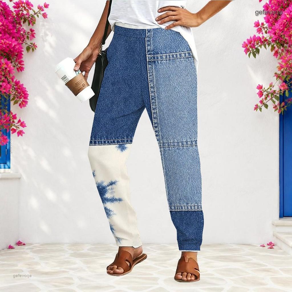 Women Plus Size Tie Dye Printed Loose Straight Leg Long Pants With Pockets