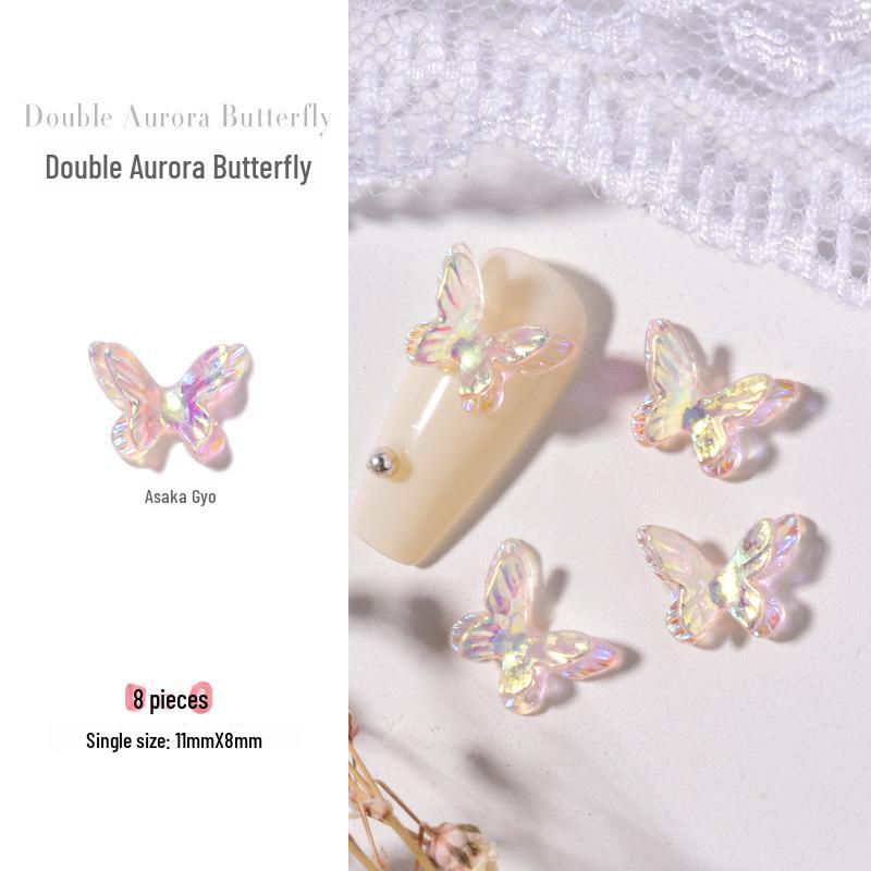 Aurora Butterfly Nail Gems: 8 Double-Layer, 3D Fantasy Colors for Summer