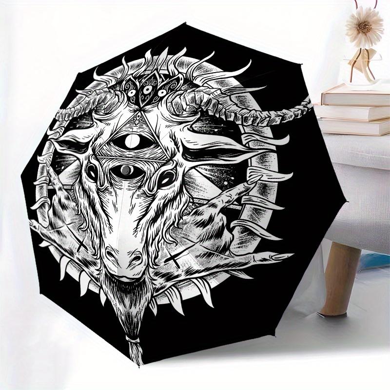 "Occult Goat Head with All-Seeing Eye Sticker" Umbrella, Cute Umbrella with Cute Design, Portable 3-Fold Compact Umbrella for Men & Women, Valentine's