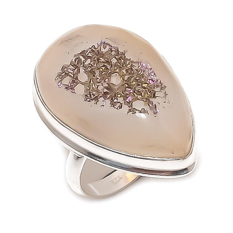 Natural Titanium Druzy Gemstone 925 Sterling Silver Jewelry Ring Size 7.5 g1E83