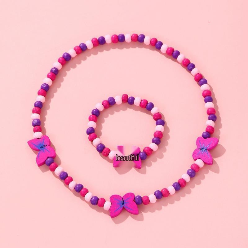 

Korean Style Sweet Colorful Children s Jewelry Set: Wooden Bead Bracelet & Necklace