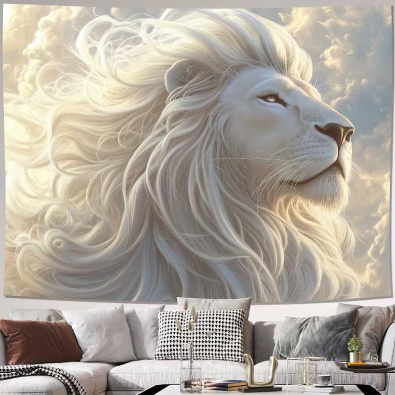 2D Majestic Lion Head Tapestry, Fantasy White Lion with Flowing Mane Wall Art for Home Decor