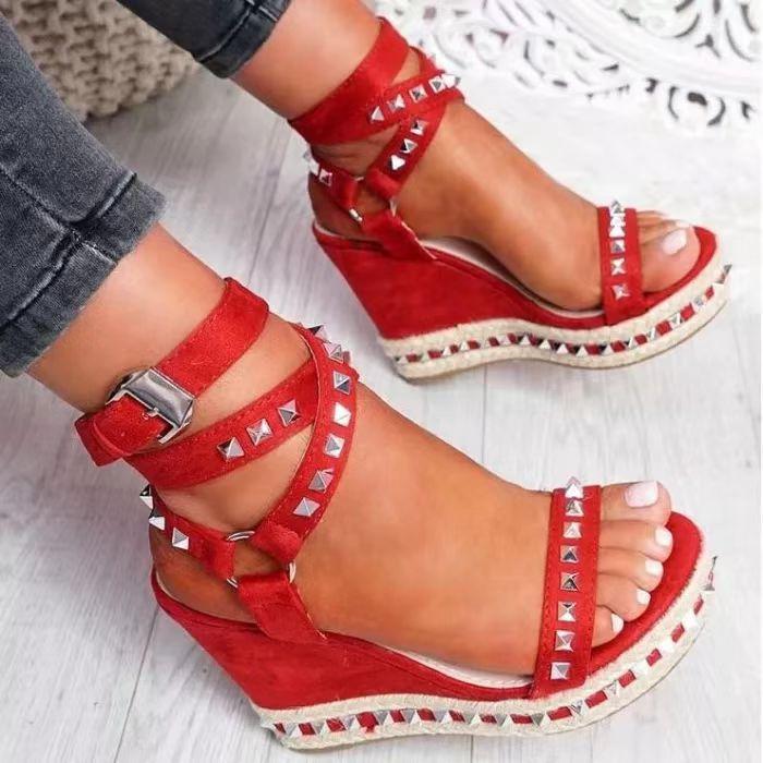 red wedge heels with ankle strap