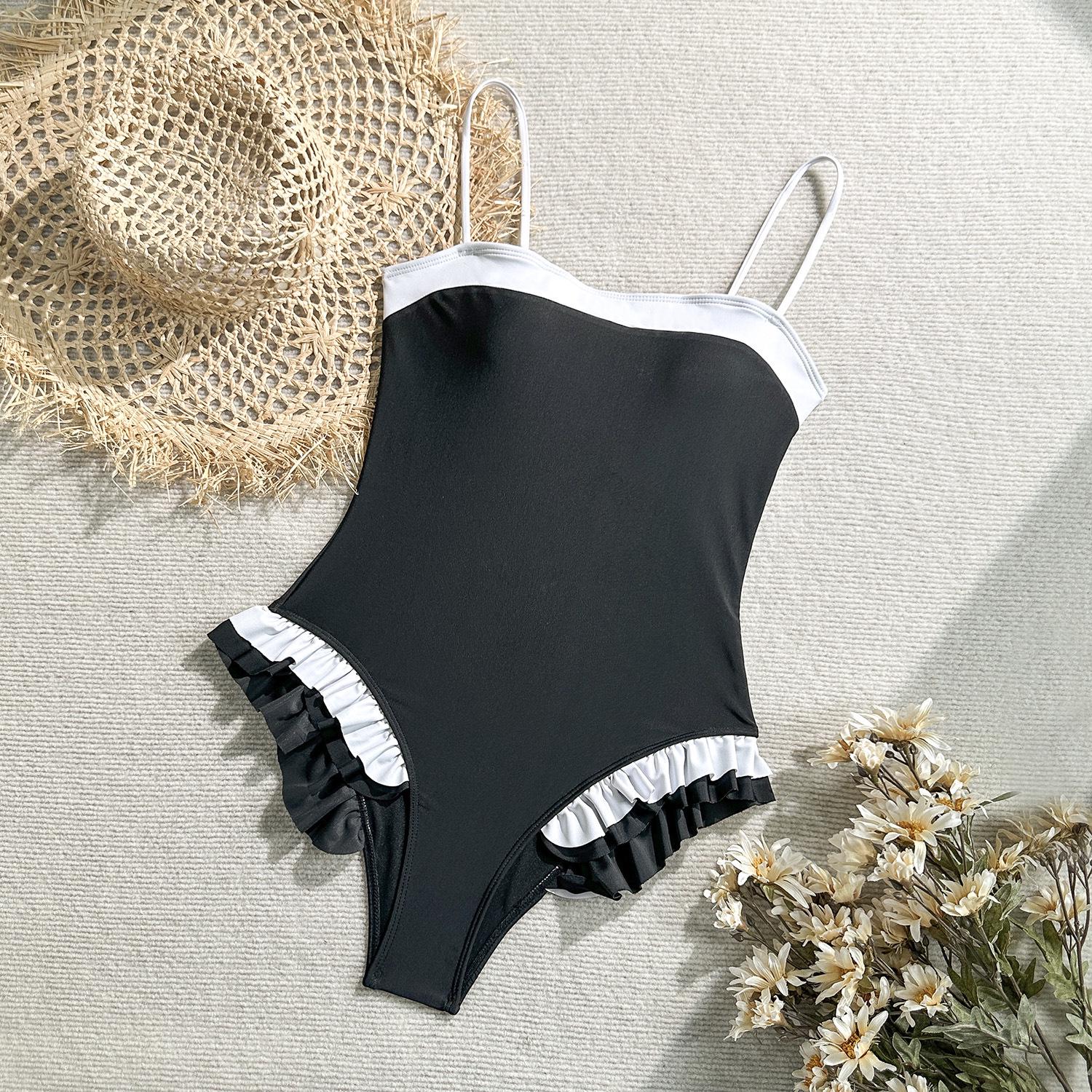 European Fashion Solid Color Ruffle Slimming One-Piece Swimsuit for Women (2026) S