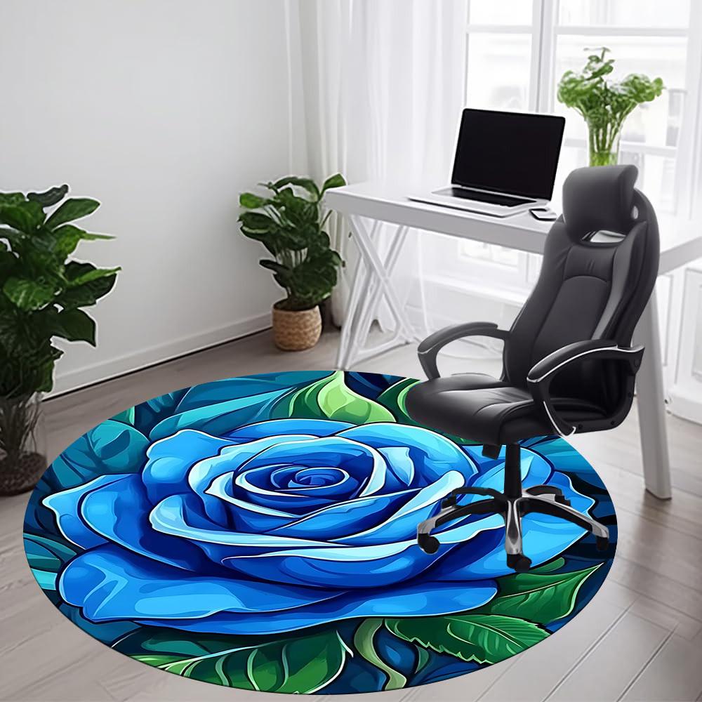 1pc Blue Rose Office Round Area Rug, Indoor Mat Suitable ForOffice, Under Office Chairs Bedroom Living Room Home Decor, Room Deco  D095