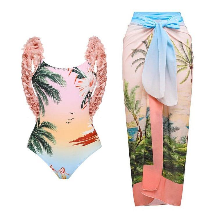 1011 European and American bikini new coconut tree printing holiday atmosphere split swimsuit set female explosion