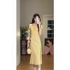 Yellow dress pure wind floral sweet slim temperament dress full lace square collar medium and long inner skirt