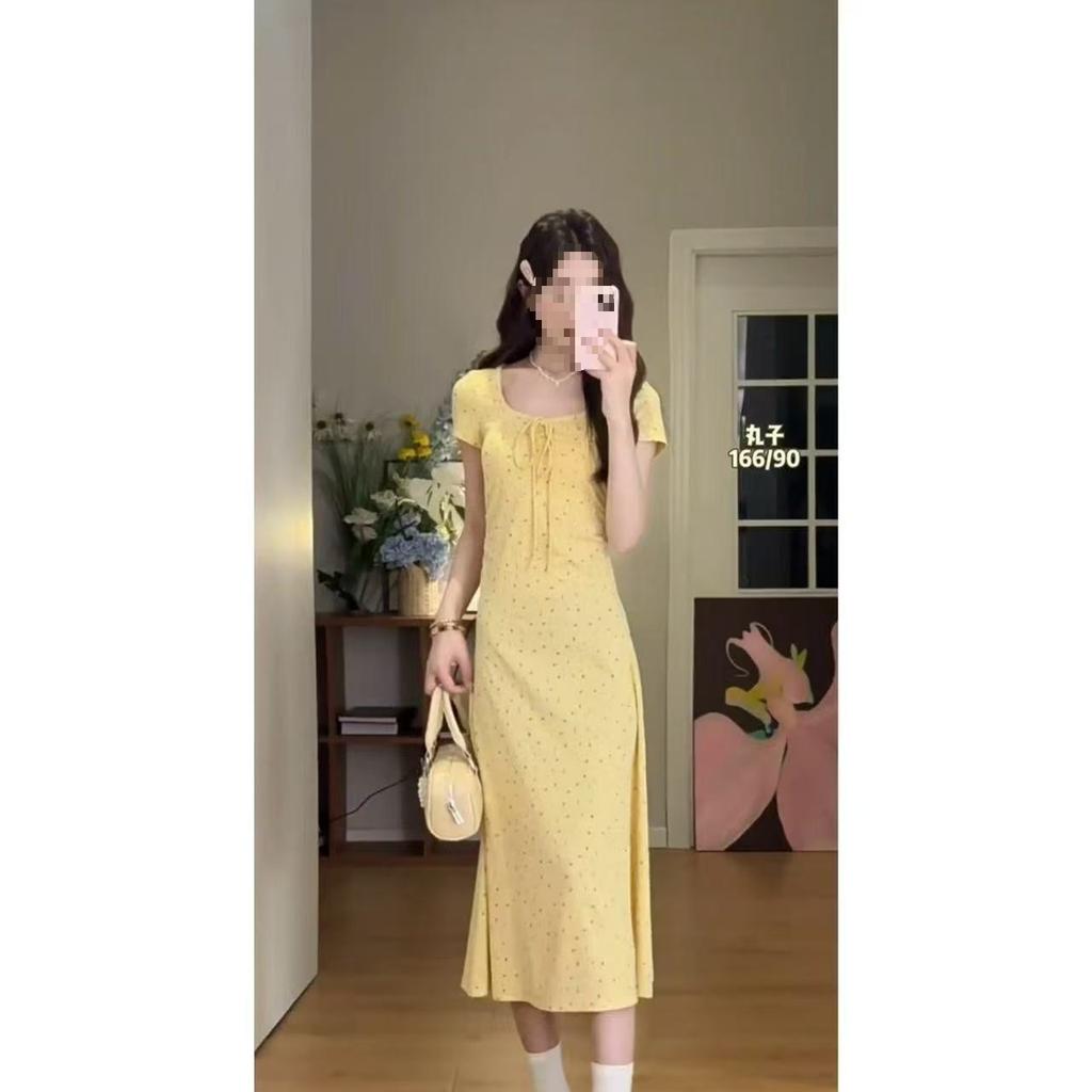 Yellow dress pure wind floral sweet slim temperament dress full lace square collar medium and long inner skirt
