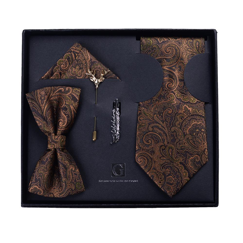 Motif Rétro Cravate à la Main Homme Britannique Marron-Vert Décontracté Jacquard Haut de Gamme Robe d'Affaires Boîte