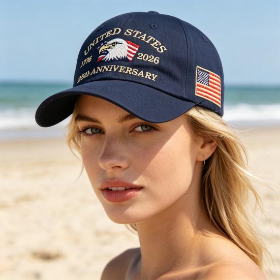 Czapka z daszkiem, Vintage przetarty styl, Spłowiała dżinsowa czapka, 250. Rocznica 1776-2026, Haftowana patriotyczna czapka typu Dad Hat, Regulowana oddychająca czapka outdoorowa