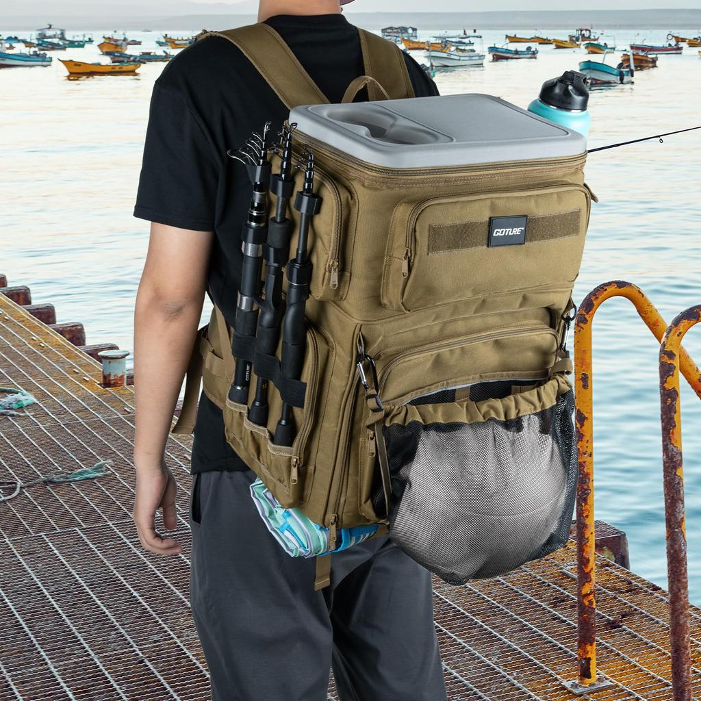 Goture Angelrucksack, Angeltaschen, 66L Große Kapazität, 600D Oxford-Gewebe, SBS-Reißverschluss, Wasserabweisend, Kühlbox-Funktion, Erweiterbar EVA