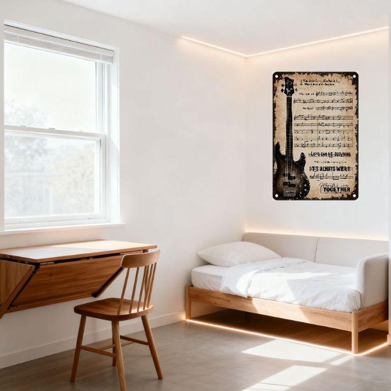 Vintage Metallplåtskylt med Elektrisk Basgitarr & Musikaliska Noter, Livet Kan Vara Bedrägligt, Retro Åldrad Väggdekor för Man Cave
