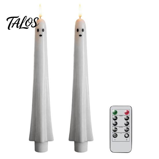 Spooky Home Decoration for Halloween Ghost Flameless Taper Candles, Battery Operated Flickering Candle Light with Powered Lamps Remote, Real