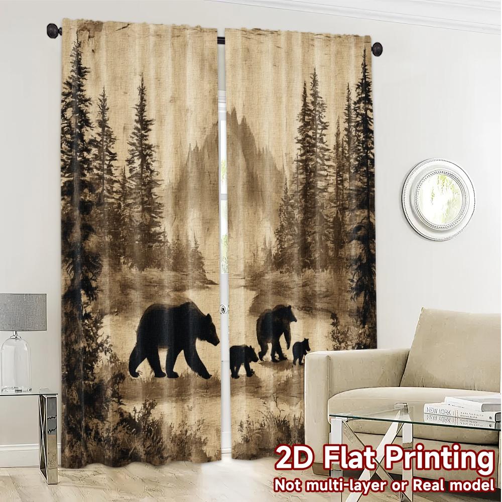 2pcs, 2D FLAT PRINTING Curtains (Without Rod) Bear Family Forest Contemporary Modern Curtains Machine Washable Fabric Curtains