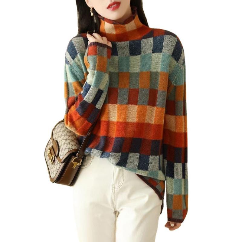 Rainbow plaid knitted sweater women's fashion contrasting color turtleneck sweater autumn and winter new loose lazy pullover