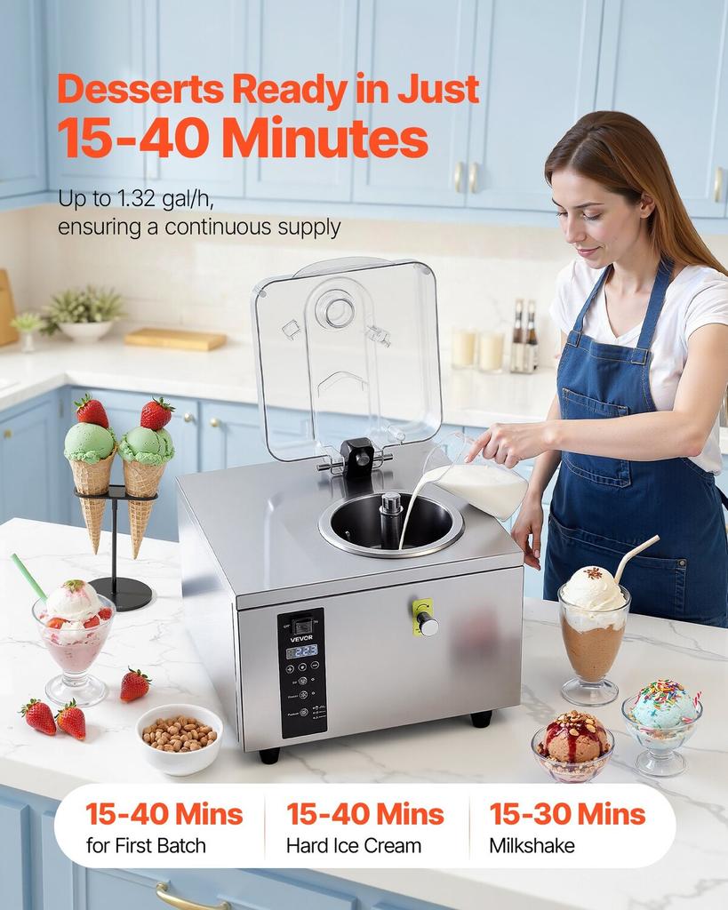 Commercial Hard Ice Cream Machine, 500W 5L Per Hour, Gelato Hard Serve Ice Cream Maker with 2.8L 304 Stainless Steel Cylinder, Auto Clean LED Panel